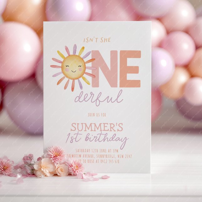Convite Isn't She Onederful Sun Girl 1st Birthday (Isn't she Onederful! Girl's sun 1st birthday invitation. )
