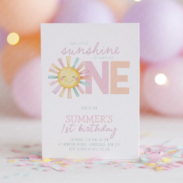 Convite Isn't She Onederful Sun Girl Pastel 1st Birthday (Our little sunshine is turning one! Cute pastel sun 1st birthday invitation in pink, peach & purple)