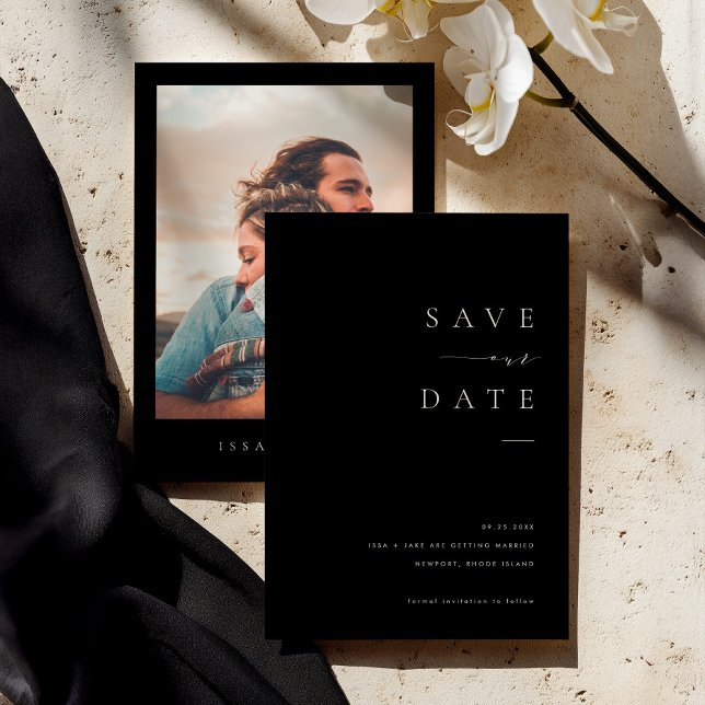 Convite ISSA Black Elegant Save the Date Invite with Photo (Criador carregado)