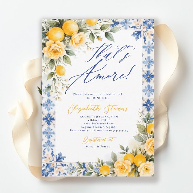Convite Isso é Amore Azulejo Azul Limão Chuveiro de Noiva  (thats amore bridal shower theme lemon blue tile frame italian summer invitation yellow floral script)