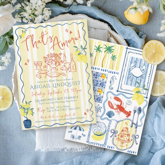 Convite Isso é Amore Desenho à Mão Casamento à Beira-Mar (That's Amore yellow and blue coastal Italian Mediterranean tiles and lemons bridal shower invitation)