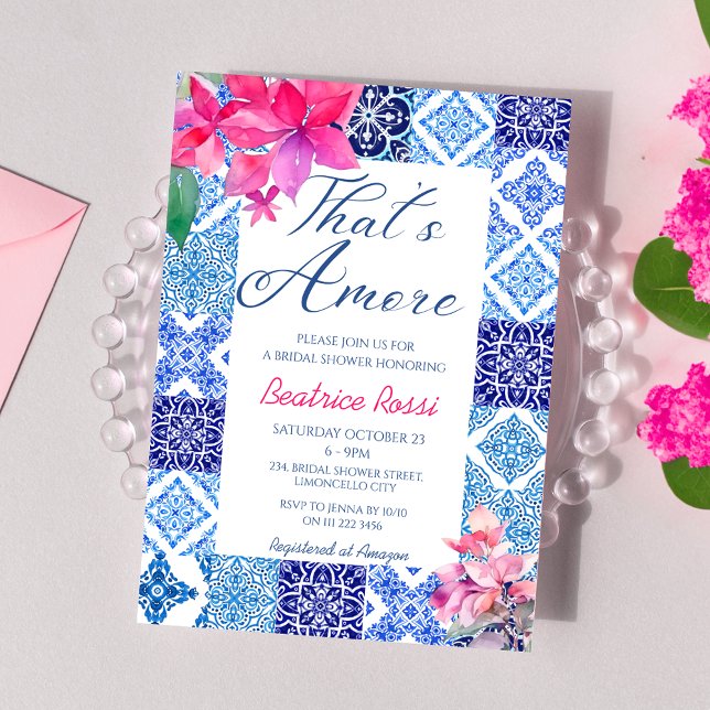 Convite Isso é Azulejos Azuis Chá de panela Floral (That's Amore Blue Tiles Floral Bougainvillea Bridal Shower Invitation)