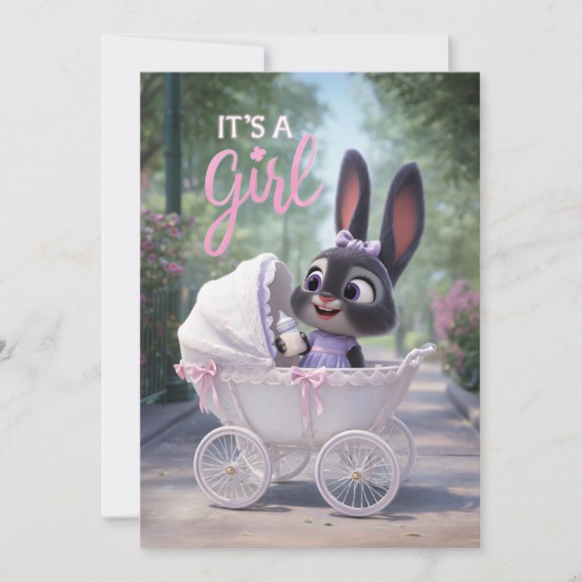 Convite It’s a Girl: Baby Bunny in Pink Lace Stroller (Frente)