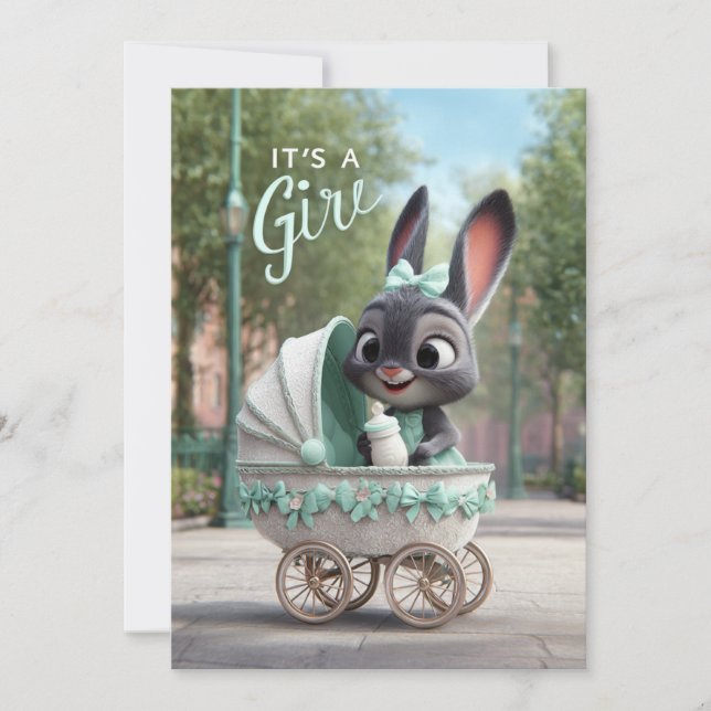 Convite It’s a Girl Baby: Cute Bunny in Green Stroller (Frente)