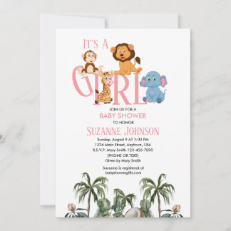 Convite It’s A Girl-Baby Zoo Animals Invitation
