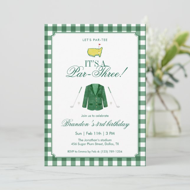 Convite It’s A Par-Three Golf 3rd Birthday Green Gingham (Em pé/Frente)