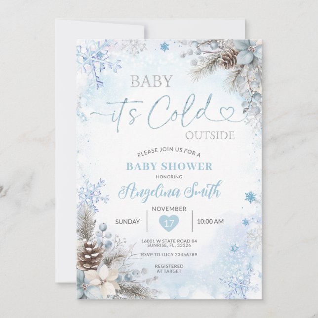 Convite It’s Cold Outside Blue Winter Baby Shower  (Frente)
