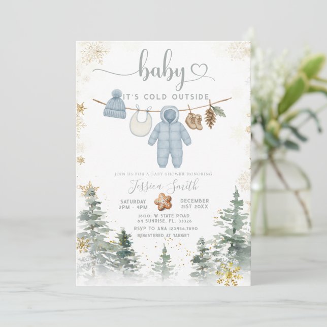 Convite It’s Cold Outside Woodland Baby Shower Invitation  (Em pé/Frente)
