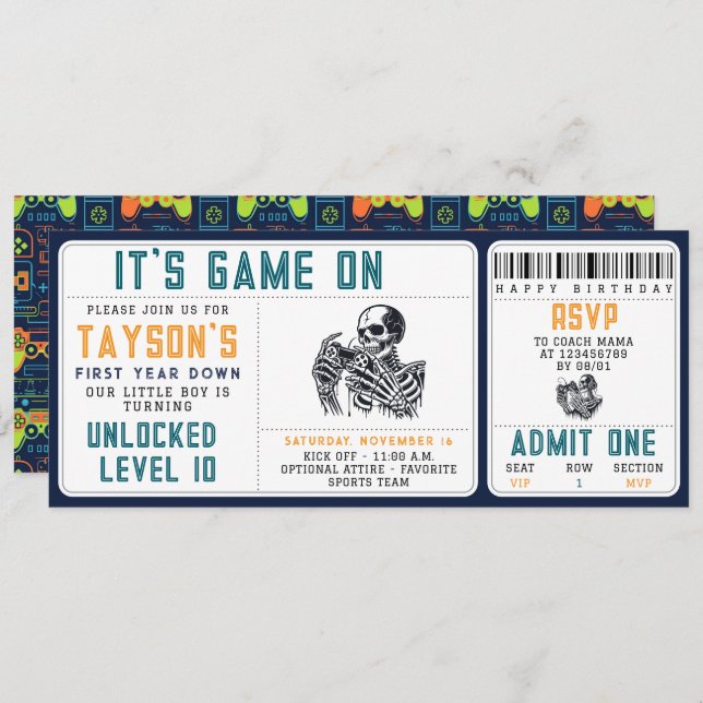Convite It’s Game On Skull – Video Game Birthday Party (Frente/Verso)