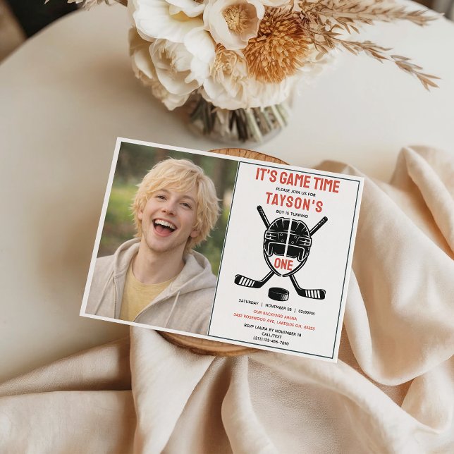 Convite It’s Game Time Hockey 1st Birthday Party photo (It’s Game Time Hockey 1st Birthday Party photo Invitation
)