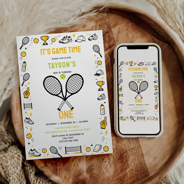 Convite It’s Game Time Tennis 1st Birthday – Fun Kids  (It’s Game Time Tennis 1st Birthday – Fun Kids Invitation
)