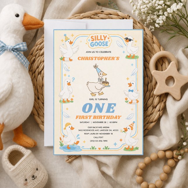 Convite It’s ONE Silly Goose Retro 1st Birthday Fun Modern (It’s ONE Silly Goose Retro 1st Birthday Fun Modern Invitation
)