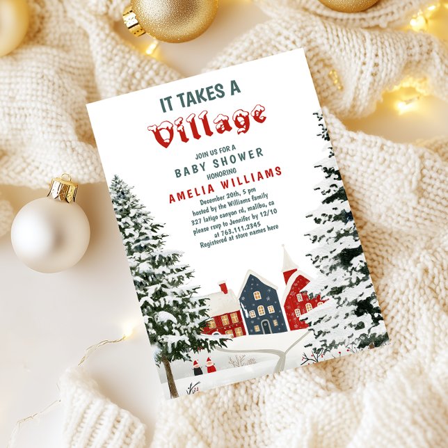 Convite It Takes a Village Baby Shower Winter Snowy (Criador carregado)