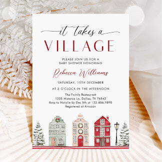 Convite It Takes a Village Winter Christmas Baby Shower