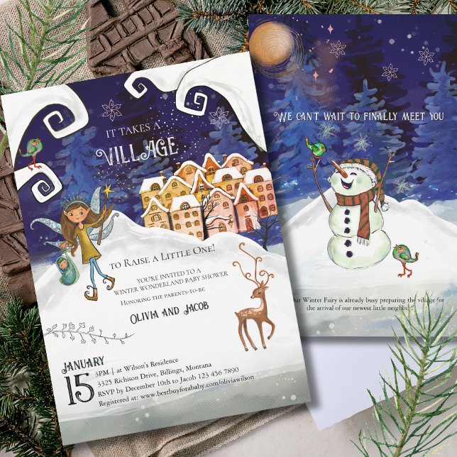 Convite It Takes a Village Winter Fairy Baby Shower  (It Takes a Village Winter Fairy Baby Shower Invitation)
