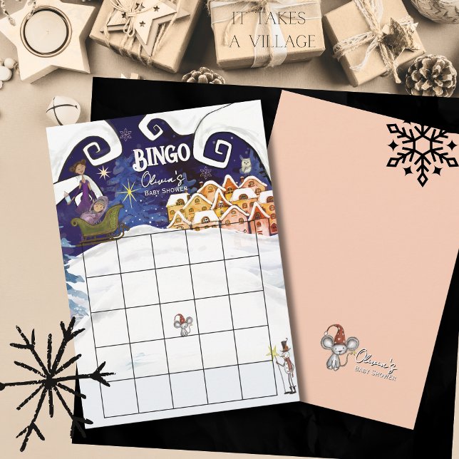 Convite It Takes a Village Winter Girl Baby Shower Bingo (It Takes a Village Winter Girl Baby Shower Bingo Invitation)
