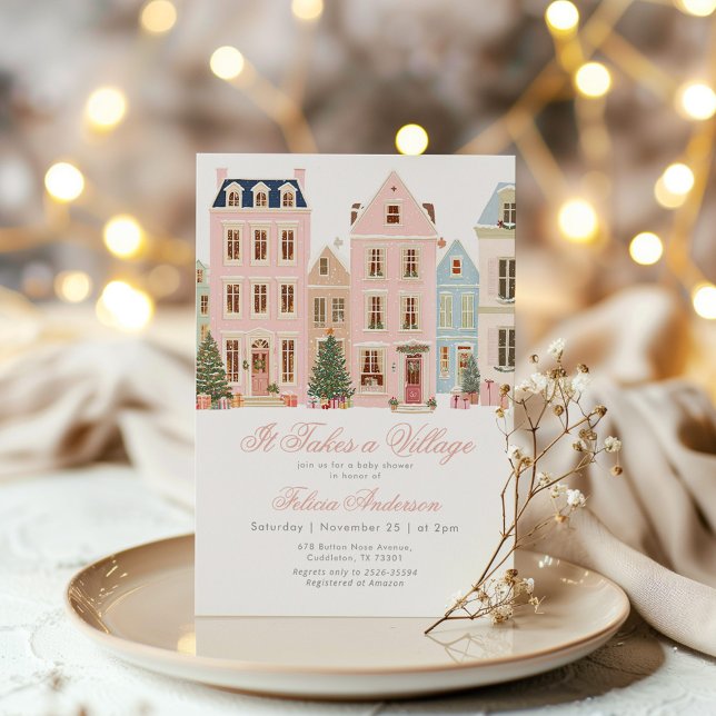 Convite It takes a village Winter Pink Baby Gir Shower (Criador carregado)