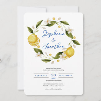 Convite Italia Blue Watercolor Lemon Calliografia Casament