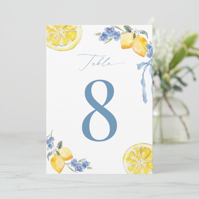 Convite Italian Blue Bow Lemon Wedding 5x7 Table Number (Em pé/Frente)