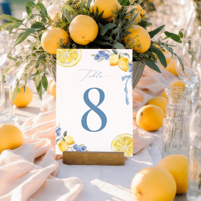 Convite Italian Blue Bow Lemon Wedding 5x7 Table Number (Criador carregado)