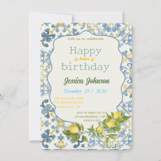 Convite Italian Blue Tile Lemon Invitation (Frente)