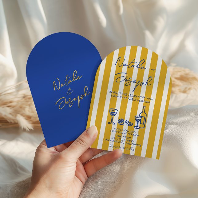 Convite Italian Blue Yellow Hand Written Arched Wedding (Criador carregado)