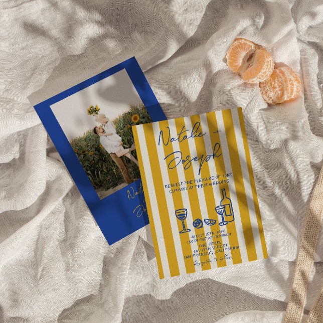 Convite Italian Blue Yellow Hand Written Photo Wedding (Criador carregado)