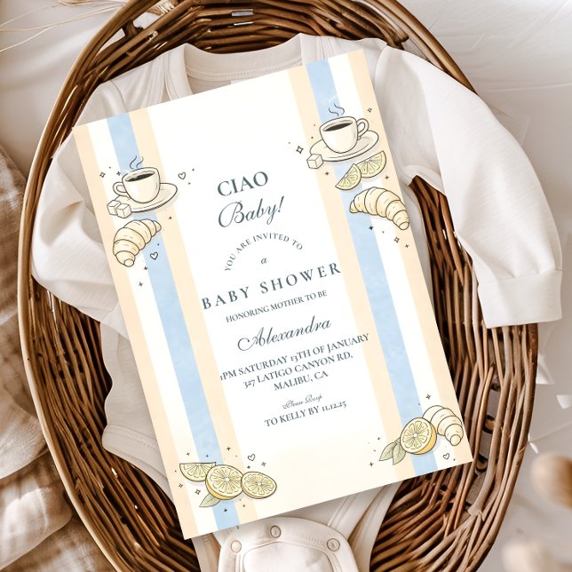 Convite Italian Café Doodle Stripes Baby Shower (Criador carregado)