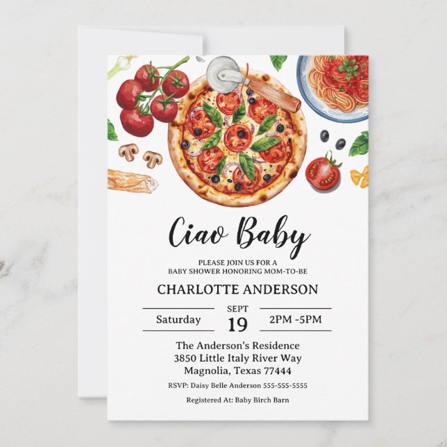 Convite Italian Ciao Baby Pizza Red Baby Shower  (Frente)