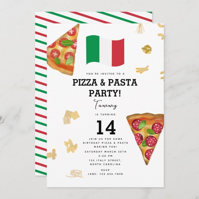 Convite Italian Food Pizza & Pasta Making Birthday Party (Frente/Verso)
