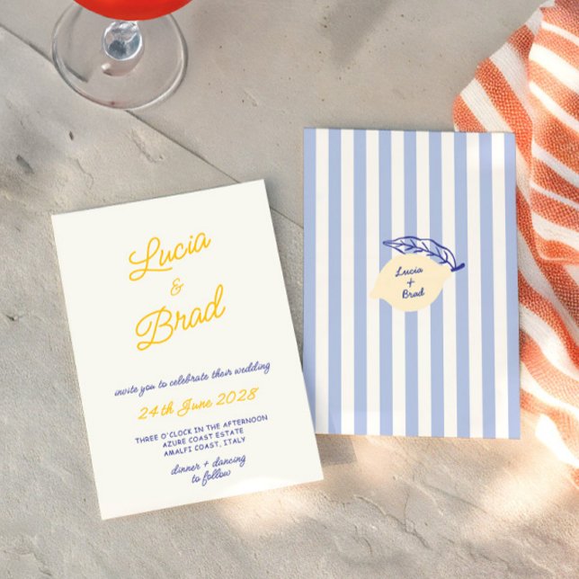 Convite Italian Hand Written Yellow & Blue Stripes Wedding (Italian Hand Written Yellow & Blue Stripes Wedding Invitation)
