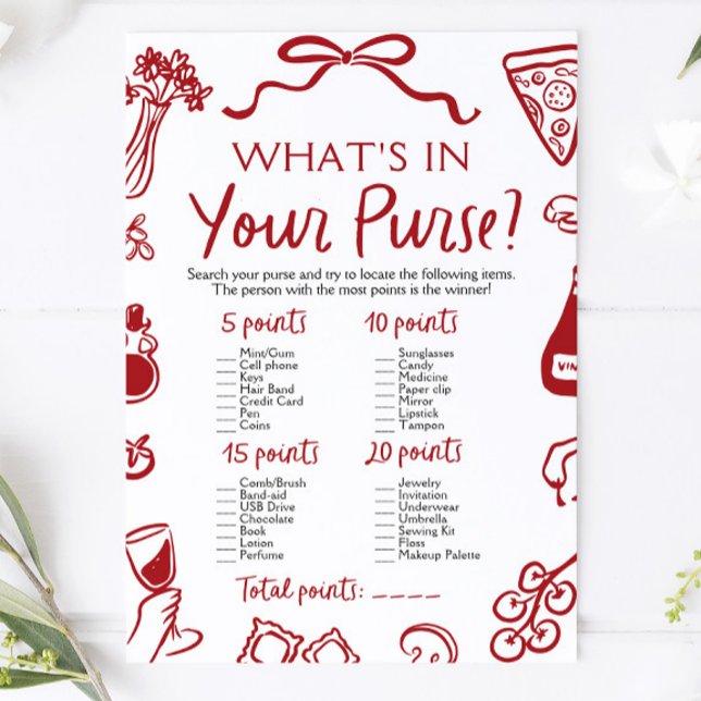 Convite Italiano O Que Está no Seu Bolsa Jogo de Chá de No (Italian What's In Your Purse Bridal Shower Game)