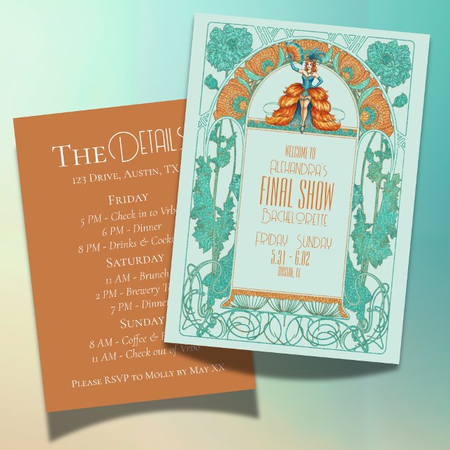 Convite Itinerário da Bachelorette Showgirl da Noiva (Celebrate your Bride-to-be's final act with this Bride's Final Show Showgirl Bachelorette Itinerary!)