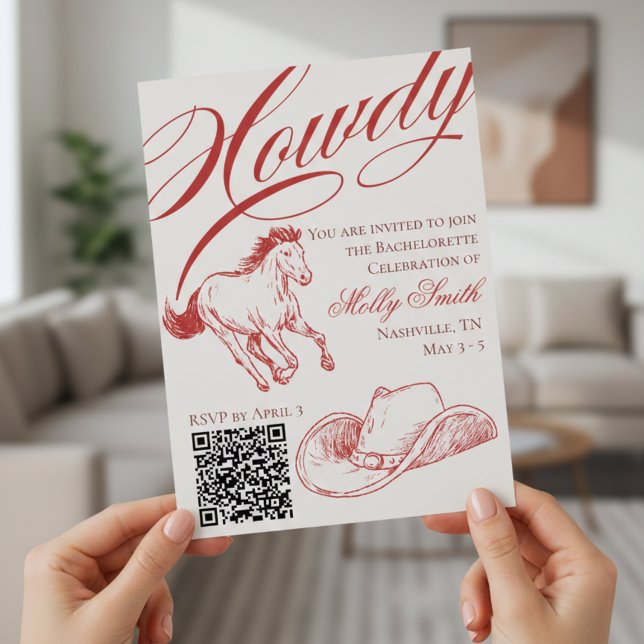 Convite Itinerário da Bachelorette Vermelha Ocidental Ilus (Illustrated Western Red Bachelorette Itinerary Invitation)