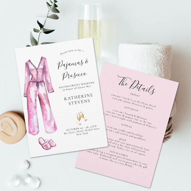 Convite Itinerário da Festa de solteira Chic de Pijamas Pr (pajamas and prosecco bachelorette party invitation itinerary watercolor pj slippers champagne classy)
