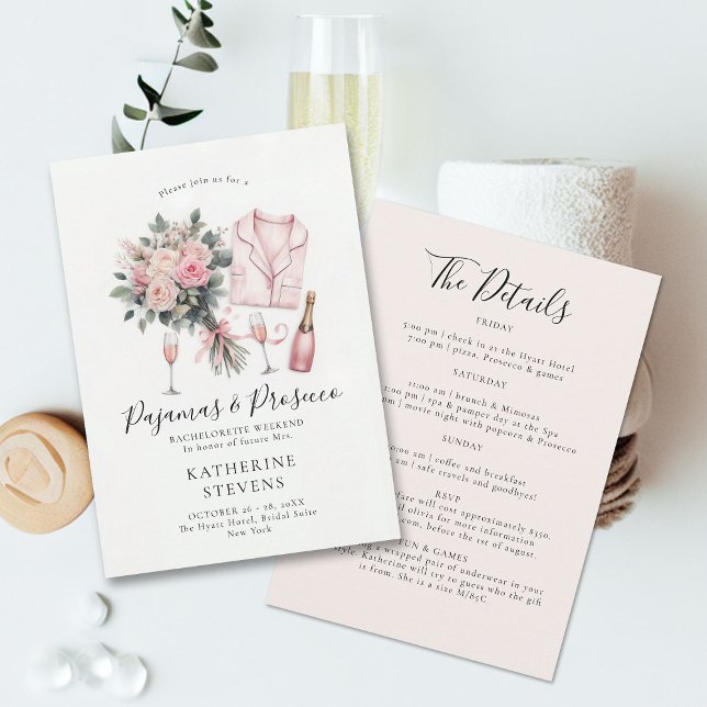 Convite Itinerário da Festa de solteira de pijamas Prosecc (pajamas prosecco bridal shower bachelorette invitation champagne roses lingerie pj elegant classy)