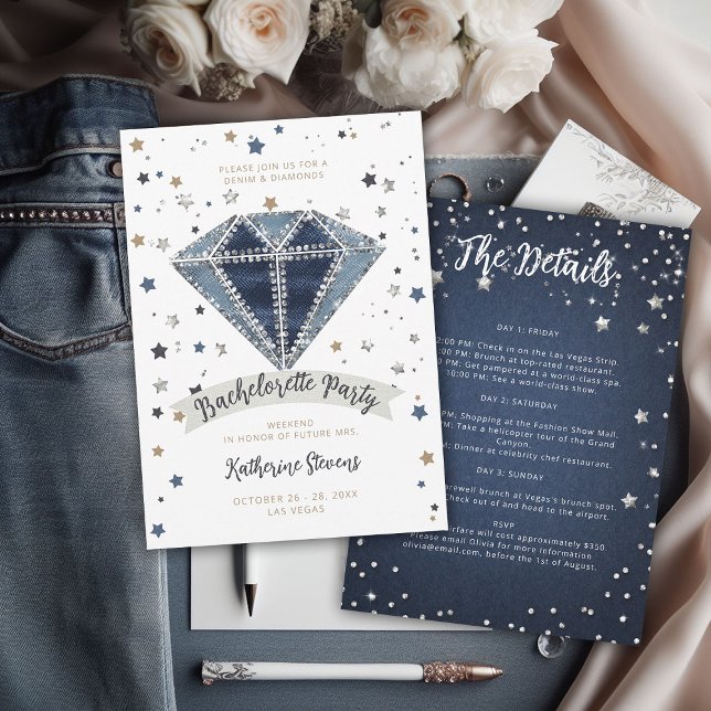 Convite Itinerário da Festa de solteira Diamantes de Denim (denim and diamonds bachelorette party itinerary invitation template elegant classy modern chic white)