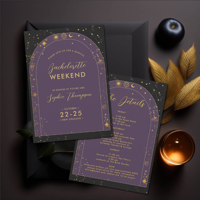 Convite Itinerário da Festa de solteira do Arco Celestial (new orleans nola celestial mystical horoscope tarot bachelorette party itinerary boho arch gold star)