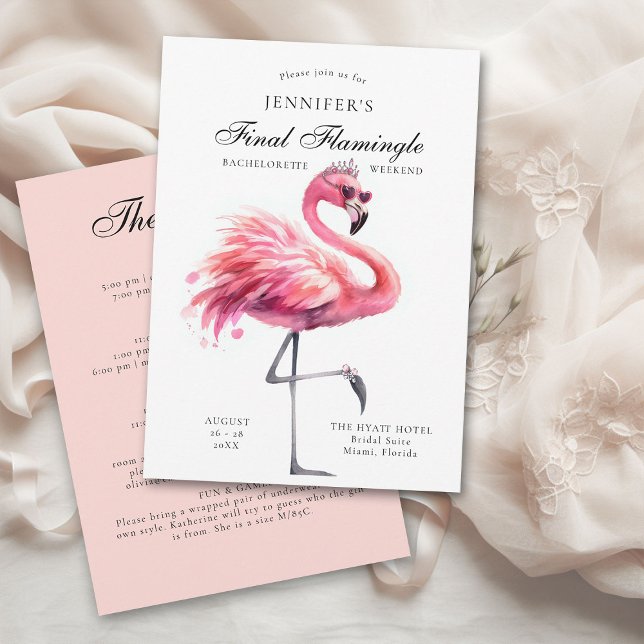 Convite Itinerário da Festa de solteira Engrenada Final (final flamingle bachelorette party invitation itinerary pink flamingo tropical fun funny watercolor )