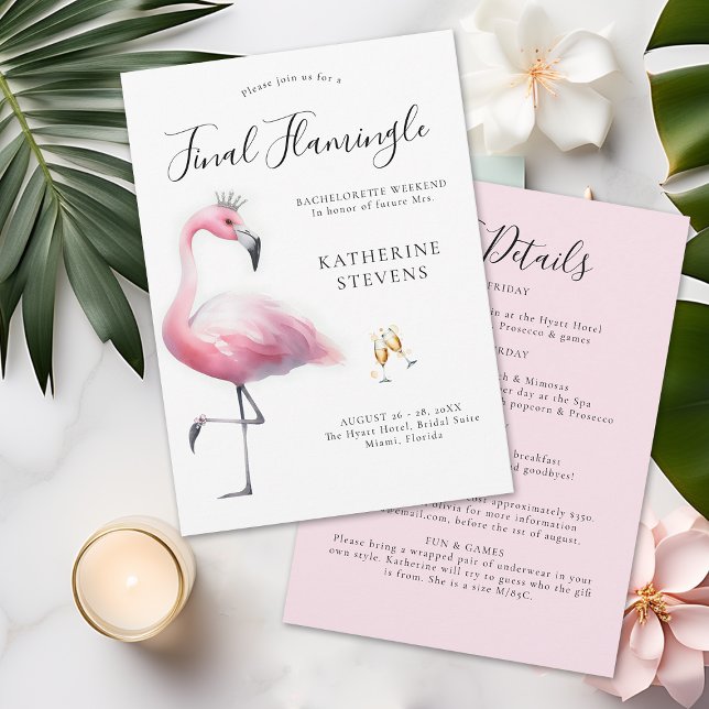 Convite Itinerário da Festa de solteira Flamingle Final (final flamingle bachelorette party invitation itinerary invite tropical pink flamingo tiara fun cute)