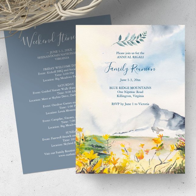 Convite Itinerário da Reunião Familiar das Montanhas Water (Family reunion invitations with itinerary watercolor blue ridge mountains yellow florals summer)