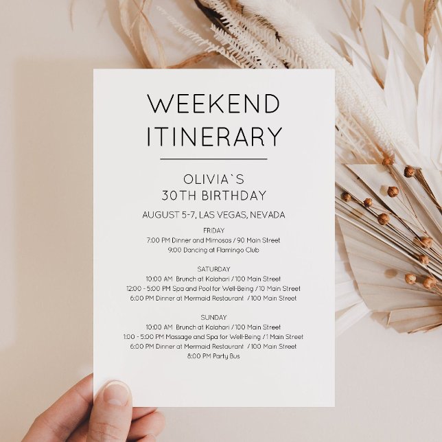 Convite Itinerário de Aniversário de Fim de Semana (Minimalist Weekend Itinerary Card)
