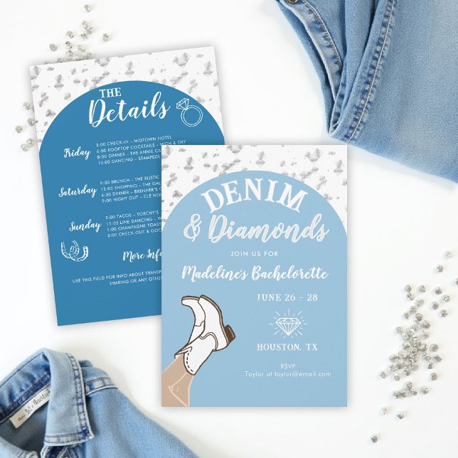Convite Itinerário de Arch Bachelorette de Ouros Denim (denim and diamonds bachelorette party invite arch confetti hand drawn itinerary cowgirl boots)
