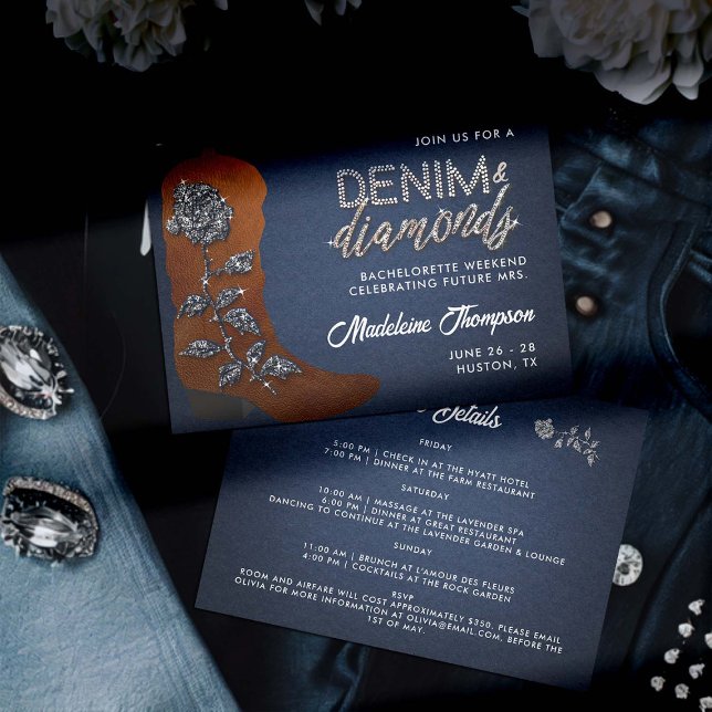 Convite Itinerário de Boot Bachelorette de Ouros Denim (denim and diamonds bachelorette party weekend itinerary classy bling cowgirl boot blue jeans theme)