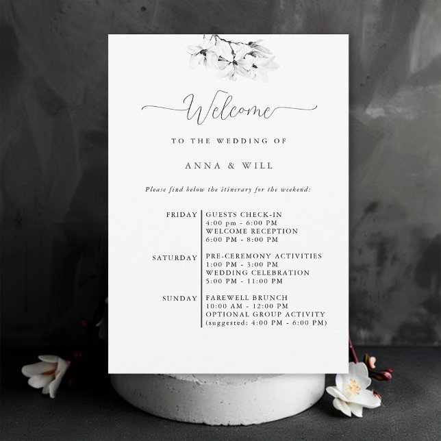 Convite Itinerário de Casamento Elegante da Magnolia Cláss (Classic Magnolia Wedding Weekend Itinerary Simple Classy Elegant Modern Bohemian)