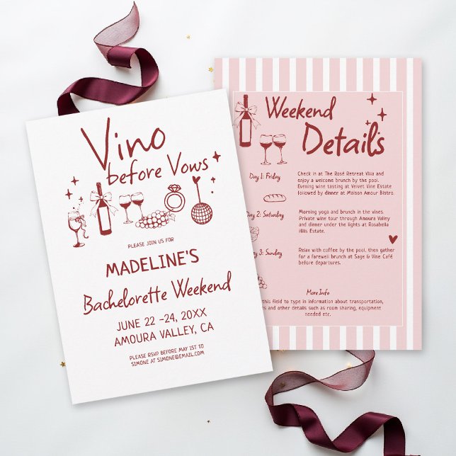 Convite Itinerário de Degustação de Vinho da Despedida de  (winery bachelorette party invitation wine tasting girls trip weekend burgundy red pink stripes napa )