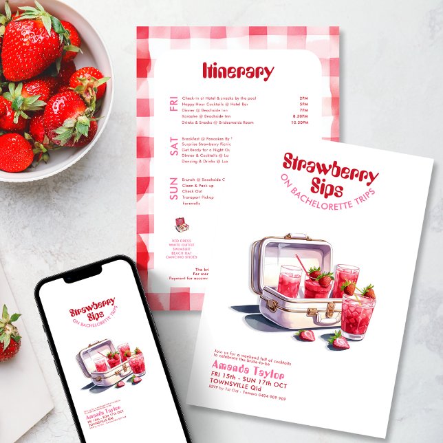 Convite Itinerário de Despedida de Solteira de Morango Via (Strawberry Bachelorette Weekend trip Invitation and itinerary. Pink red vintage cocktail watercolor )