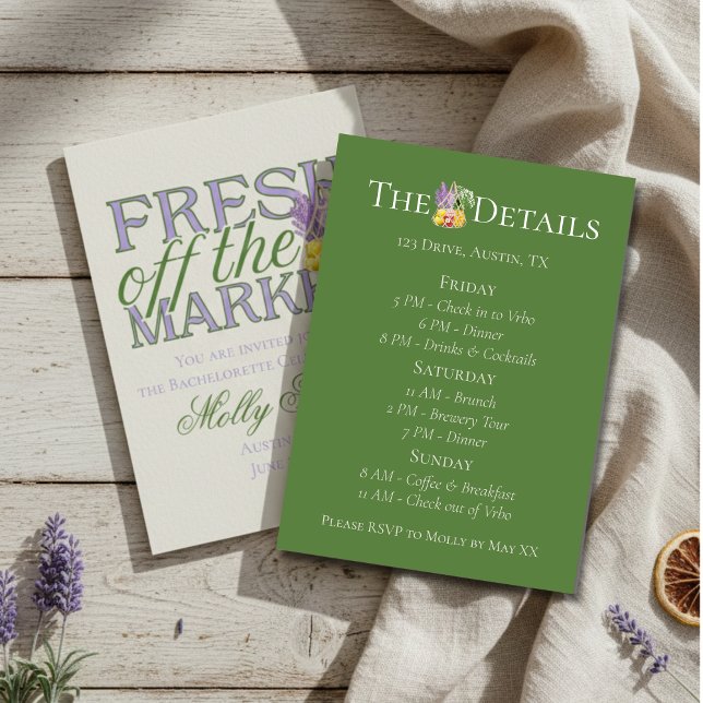 Convite Itinerário de Despedida de Solteira Fresh Off the  (Celebrate your newly-engaged status in style with this elegant “Fresh Off the Market” design!)