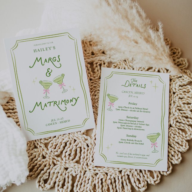 Convite Itinerário de Despedida de Solteira Margs & Matrim (Margs & Matrimony Bachelorette Invitation – Margarita Theme Party Invite, Fun Bridal Shower Invite, )