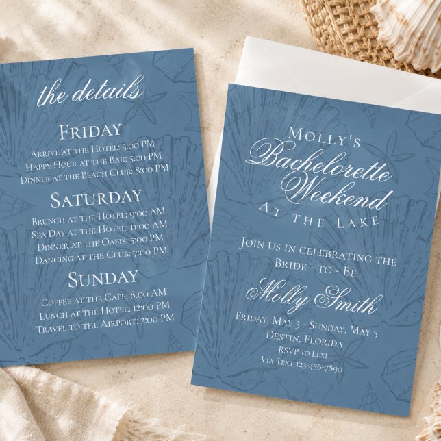 Convite Itinerário de Despedida de Solteira na Praia de Co (Coastal Seashell Beach Bachelorette Itinerary Invitation)